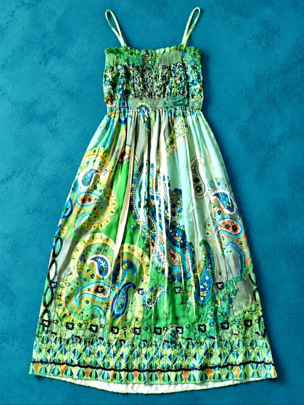 Lapis Y2K Green and Aqua Paisley Smocked Sundress